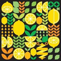 ilustraciones abstractas del icono del patrón de fruta de limón. arte vectorial simple, ilustración geométrica de símbolos cítricos amarillos, naranjas, limas, limonada y hojas. diseño plano moderno minimalista, fondo negro. vector