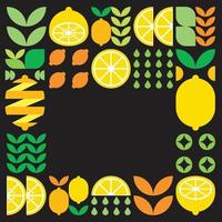 Minimalist flat vector frame, lemon fruit icon symbol. Simple geometric illustration of citrus, oranges, lemonade and leaves. Abstract pattern on black background. For copy space, social media posts.