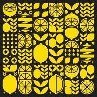 Abstract artwork of lemon fruit pattern icon. Simple vector art, geometric illustration of yellow citrus, oranges, limes, lemonade and leaves. Minimalist flat modern design on black background.