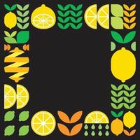 Minimalist flat vector frame, lemon fruit icon symbol. Simple geometric illustration of citrus, oranges, lemonade and leaves. Abstract pattern on black background. For copy space, social media posts.