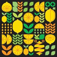 Abstract artwork of lemon fruit pattern icon. Simple vector art, geometric illustration of yellow citrus symbols, oranges, limes, lemonade and leaves. Minimalist flat modern design, black background.