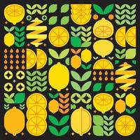 ilustraciones abstractas del icono del patrón de fruta de limón. arte vectorial simple, ilustración geométrica de símbolos cítricos amarillos, naranjas, limas, limonada y hojas. diseño plano moderno minimalista, fondo negro. vector