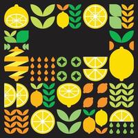 Minimalist flat vector frame, lemon fruit icon symbol. Simple geometric illustration of citrus, oranges, lemonade and leaves. Abstract pattern on black background. For copy space, social media posts.