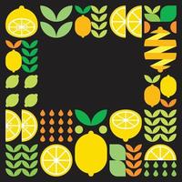 Minimalist flat vector frame, lemon fruit icon symbol. Simple geometric illustration of citrus, oranges, lemonade and leaves. Abstract pattern on black background. For copy space, social media posts.