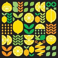 ilustraciones abstractas del icono del patrón de fruta de limón. arte vectorial simple, ilustración geométrica de símbolos cítricos amarillos, naranjas, limas, limonada y hojas. diseño plano moderno minimalista, fondo negro. vector