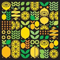 Abstract artwork of lemon fruit pattern icon. Simple vector art, geometric illustration of yellow citrus symbols, oranges, limes, lemonade and leaves. Minimalist flat modern design, black background.