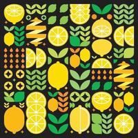 ilustraciones abstractas del icono del patrón de fruta de limón. arte vectorial simple, ilustración geométrica de símbolos cítricos amarillos, naranjas, limas, limonada y hojas. diseño plano moderno minimalista, fondo negro. vector