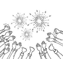 doodle set of hands clapping. hands up applause. thumbs up in hand draw style with fire work element. on white background vector