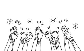 hand drawn of hands up, clapping ovation, applause, thumbs up gesture on doodle style. vector illustration