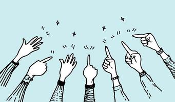 hand drawing with hands up, pointing finger, thumbs up gesture on doodle style , vector illustration