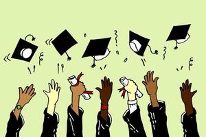 doodle hands up. Graduation Caps Thrown in the Air. vector cartoon illustration