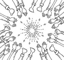 hand drawn of doodle hands clapping. hands up applause in circle with sunburst vector