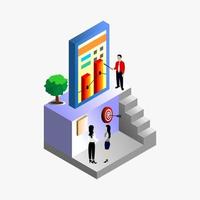 Simple business isometric illustration. Concepts of business analysis, analytics, research, strategy statistics, planning, marketing. Isometric evaluation of team performance vector