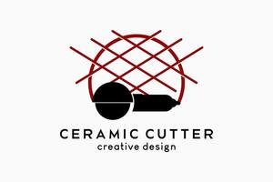 Ceramic cutter logo design with creative concept, ceramic cutting tool silhouette combined with cutting lines vector