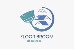 un logotipo de barrido de suelo o un servicio de limpieza de casas con un concepto creativo, una silueta de escoba de suelo combinada con un icono de casa y nubes vector