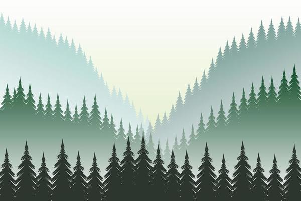 Vector panoramic landscape of fir trees in colorful hills