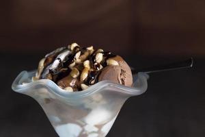 chocolate ice cream with peanuts, caramel and chocolate photo