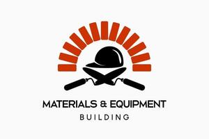 Logo design of building tools, building or building materials store logo design, silhouette of a cement spoon and helmet with twisted bricks vector