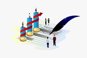 Business isometric web banner illustration, business and data analysis, statistical strategy, work team planning. Successful business isometrics vector