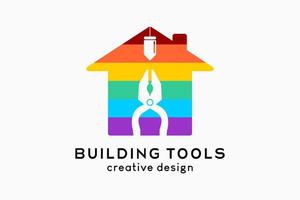 diseño de logotipo para herramientas de construcción o tiendas de construcción, silueta de alicates en un icono de casa con un concepto de color arco iris vector