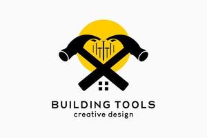 herramientas de construcción o diseño del logotipo de la tienda de construcción, silueta de un martillo con clavos en puntos