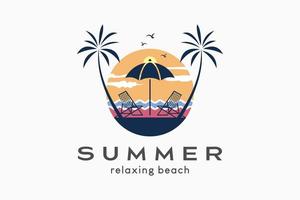 Summer logo, simple outdoor logo illustration in pastel colors. Coconut tree icon, beach chairs and umbrella in sunset vector