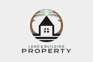Land and building property logo with creative concept, house and tree icon in a circle vector