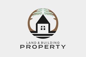 Land and building property logo with creative concept, house and tree icon in a circle vector