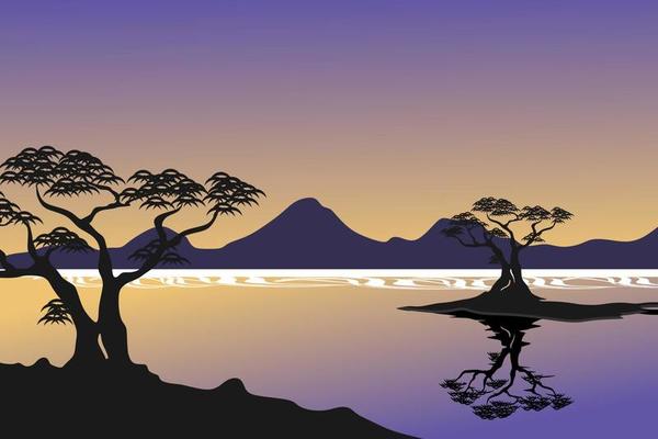 Panoramic landscape of beach with silhouette of mangrove trees in pastel colors