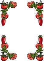 Rectangular frame made of tomatoes, tomato leaves and tomato slices. Decorative element with fresh vegetables on white background for your design vector