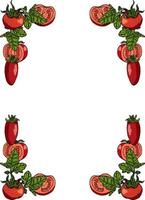 Rectangular frame made of tomatoes, tomato leaves and tomato slices. Decorative element with fresh vegetables on white background for your design vector