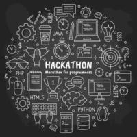 hackathon y datathon iconos de tiza dibujados a mano en la pizarra en estilo de boceto de garabato. concepto de círculo vectorial para el evento para desarrolladores, programadores y gerentes en un fondo negro vector