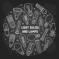Types of light bulbs and lamps hand drawn chalk icons set on the blackboard in Doodle sketch style. Vector circle concept of electric lighting fixtures. Energy-saving, LED and halogen lightbulbs.