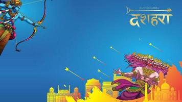 Lord Rama killing Ravana in Happy Dussehra Navratri poster festival of India. translation dussehra vector