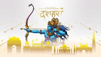 Lord Rama killing Ravana in Happy Dussehra Navratri poster festival of India. translation dussehra vector