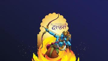 Lord Rama killing Ravana in Happy Dussehra Navratri poster festival of India. translation dussehra vector