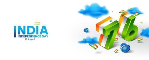 76º feliz día de la independencia de la india 15 de agosto celebración con uso de bandera festiva para banner, plantilla y web vector