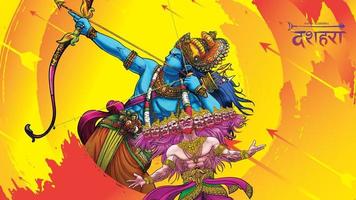 Lord Rama killing Ravana in Happy Dussehra Navratri poster festival of India. translation dussehra vector