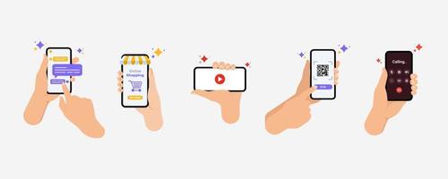 Set of Hands holding smartphones Communication, social networking Vector illustration