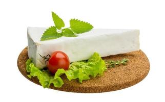 Brie cheese with thyme on wooden plate and white background photo