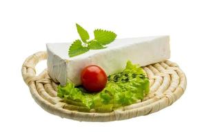 Brie cheese with thyme on wooden plate and white background photo