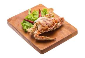 Red crab on wooden plate and white background photo