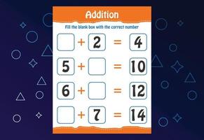 Basic math addition for kids. Fill the blank box with the correct number. Worksheet for kids vector