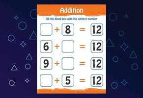 Basic math addition for kids. Fill the blank box with the correct number. Worksheet for kids vector