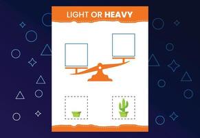 Light or heavy educational worksheet with scales. Heavier and lighter weight object learning vector