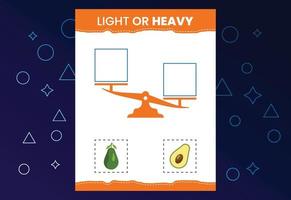 Light or heavy educational worksheet with scales. Heavier and lighter weight object learning vector