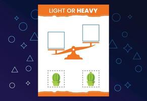 Light or heavy educational worksheet with scales. Heavier and lighter weight object learning vector