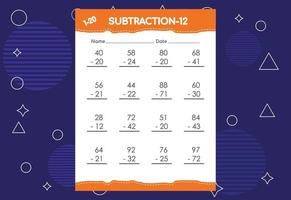 Subtraction worksheet for kids. Educational math activities worksheet for children vector