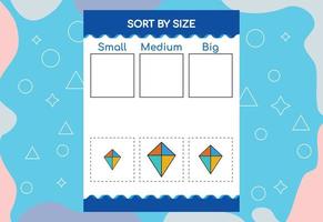 Sort images by size. Educational Worksheet For Kids. vector