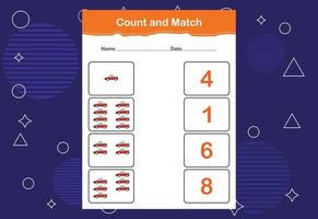 Count and Match worksheet for kids. Count and match with the correct number. Matching education game vector